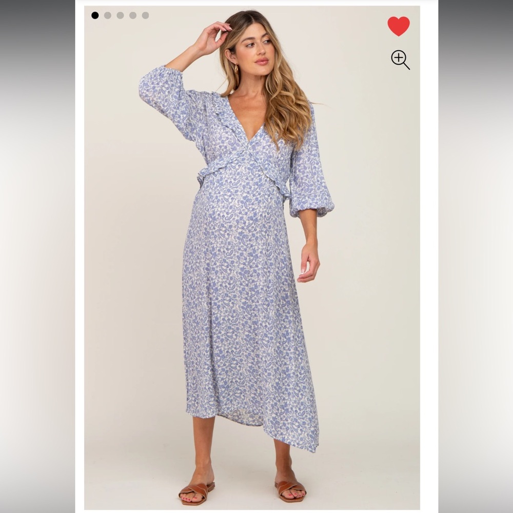 Blue Floral Ruffle V-Neck Maternity Midi Dress Medium